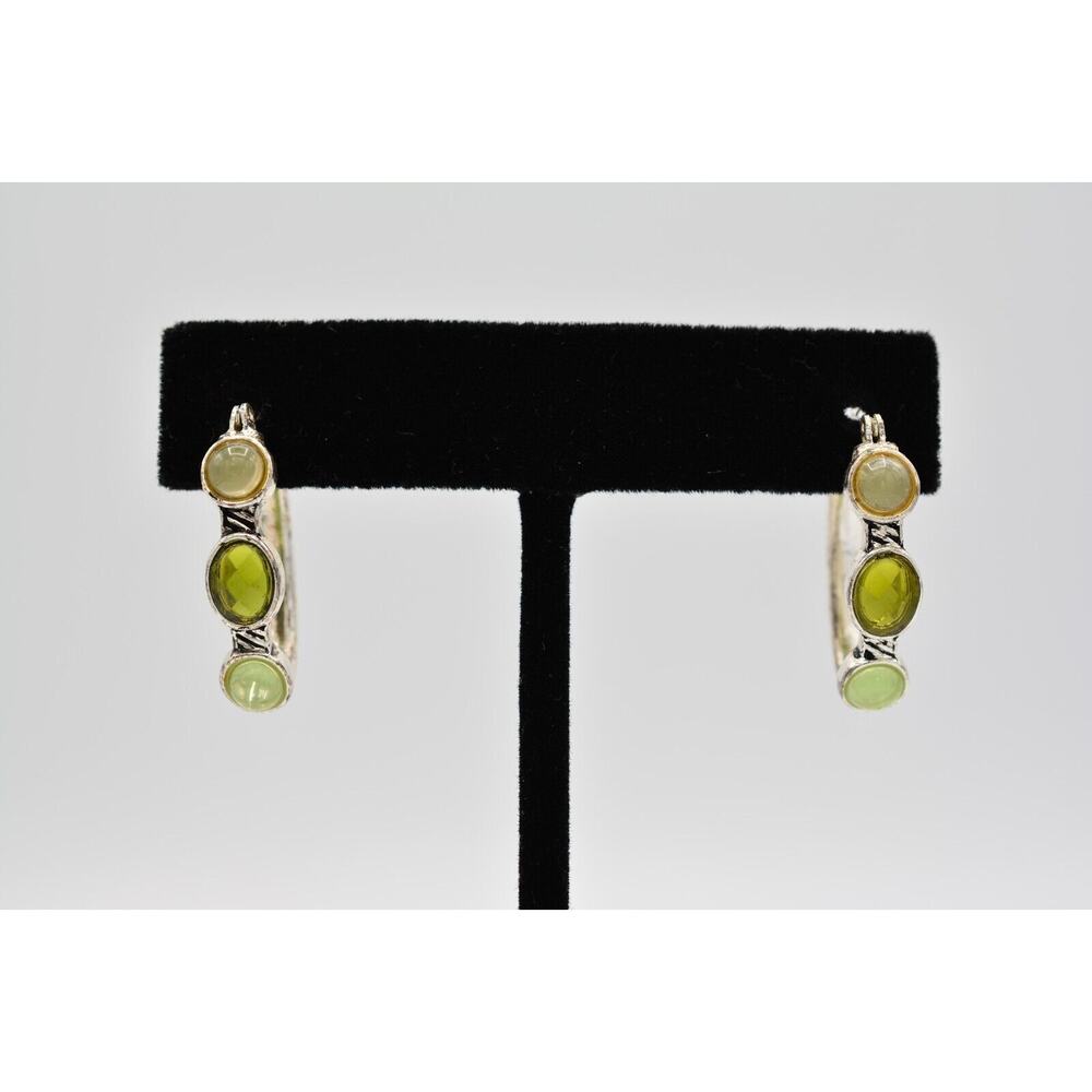 Vintage Cabochon Hoops Green Crystal Bezel Silver Tone Shiny 9H
